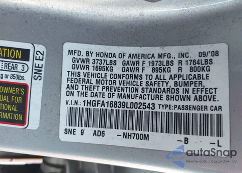 2009 Honda Civic Ex from USA, damaged, VIN 1HGFA16839L002543